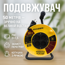 Удлинитель Dozer на катушке 50м термозащита кабельный пвс 2x1.5м для стройплощадки сада гаража барабанный 16 а